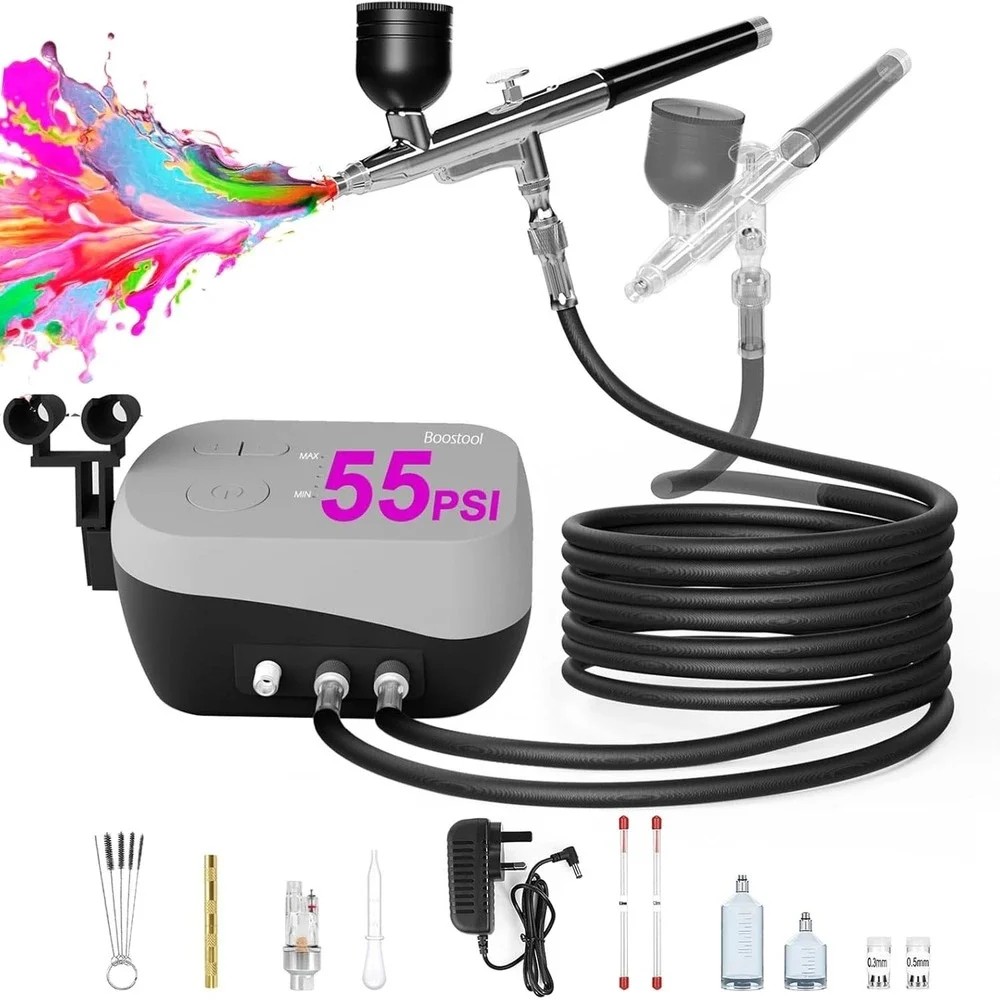 55PSI Dual Airflow Airbrush Kit with Compressor 0.2/0.3/0.5mm Nozzles & Cleaning